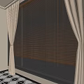 Large Window With Wooden Blinds And Beige Curtains Overlooking Green Trees And Grass