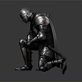 Medieval Knight Battle Armor Statue In Silver Metal Squatting Pose