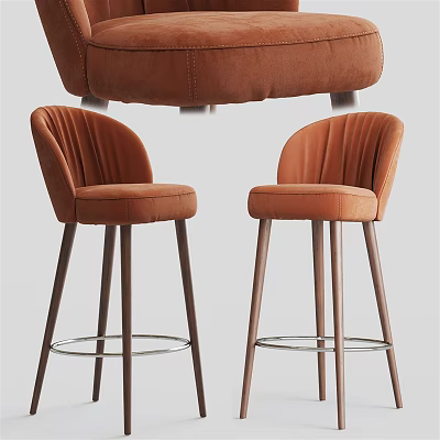 Orange Velvet Bar Stools With Curved Backrest And Metal Legs Footrest 3d model
