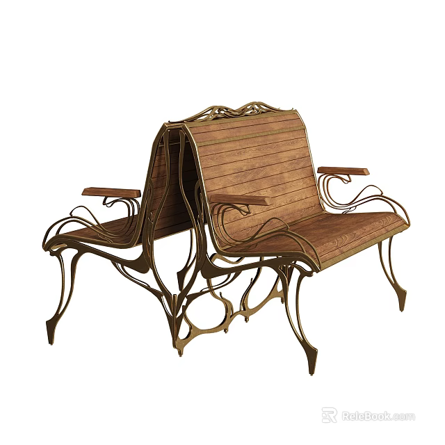 Outdoor Chairs With Wooden Slat Seat Backrest And Ornate Curved Iron Frame Design 3d model 