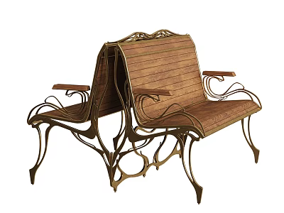 Outdoor Chairs With Wooden Slat Seat Backrest And Ornate Curved Iron Frame Design 3d model