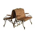 Outdoor Chairs With Wooden Slat Seat Backrest And Ornate Curved Iron Frame Design