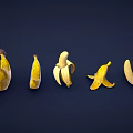 3D Rendered Fresh Bananas Bunch Single Unpeeled And Peeled Varieties