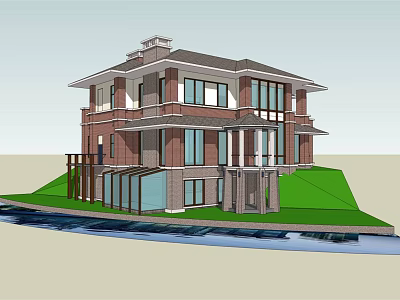 Classic Two Story Detached Villa With Waterfront Green Lawn Large Windows And Brick Exterior 3d model
