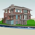Classic Two Story Detached Villa With Waterfront Green Lawn Large Windows And Brick Exterior