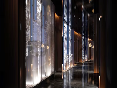 Elegant Modern Hotel Corridor Featuring Glass Partitions Warm Lighting And Polished Floor 3d model