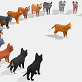 Multiple Colorful Cartoon Cat Models With One Orange in Front and Others Arranged Behind