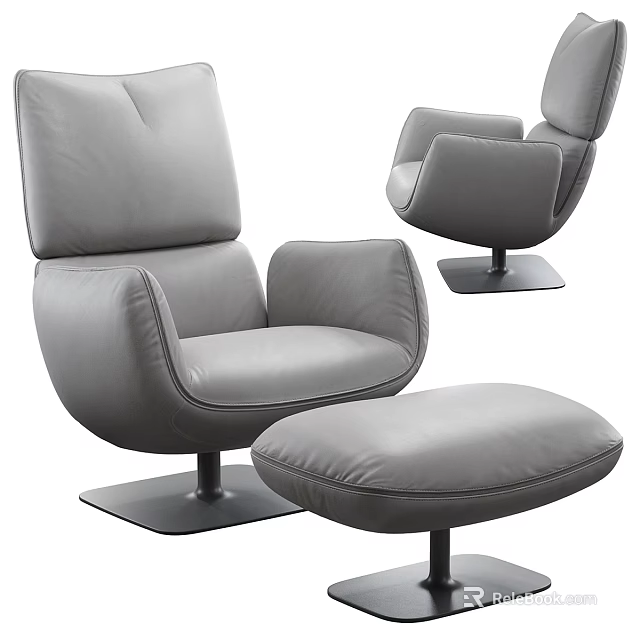 Modern Gray Leather Office Chair With Matching Ottoman and Sturdy Metal Base Design 3d model 