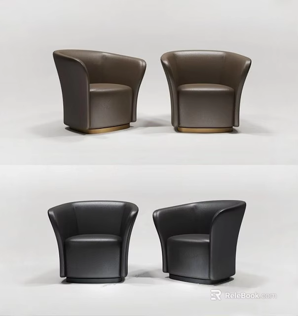 Modern Brown and Black Leather Armchairs with Curved Backrest and Gold Base 3d model 