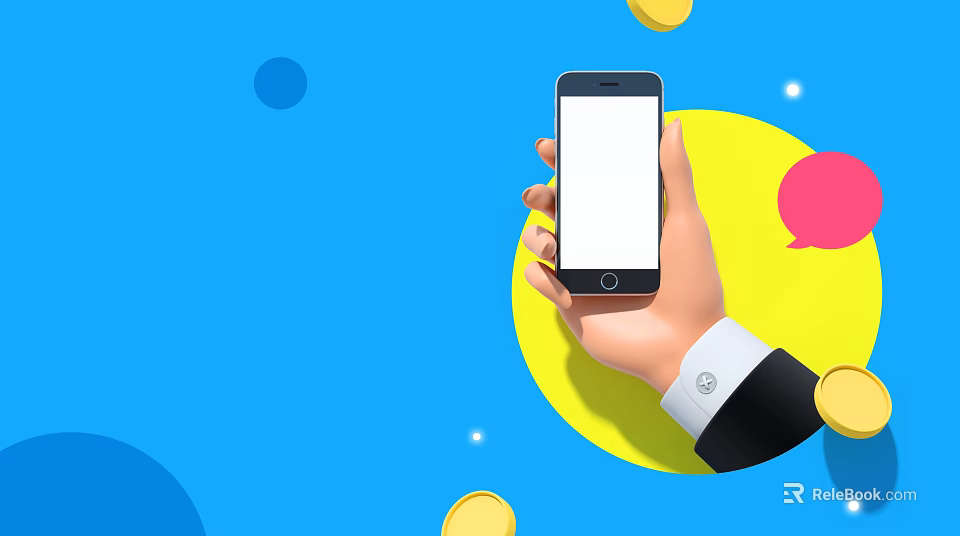 Hand Holding Modern Smartphone With White Screen On Blue Background And Colorful Circular Elements 3d model 