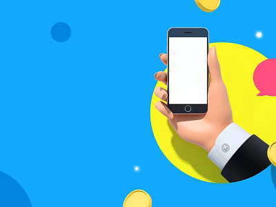 Hand Holding Modern Smartphone With White Screen On Blue Background And Colorful Circular Elements 3d model