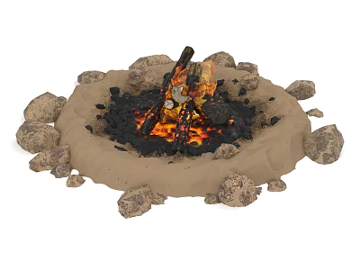 Natural Stone Ringed Campfire Pit With Burning Wood Logs On Sand 3d model