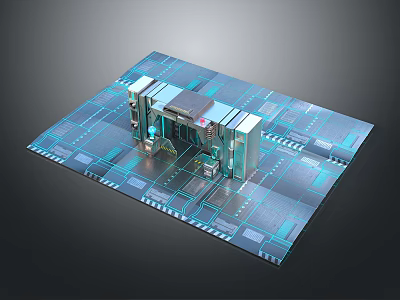 Futuristic 3D Circuit Board Model With Electronic Components And Blue Lighting 3d model