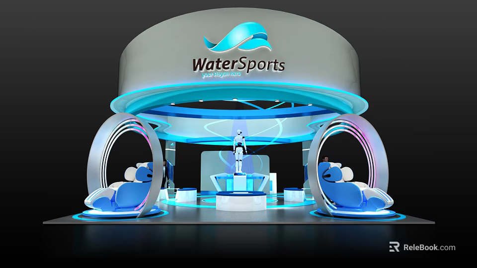 WaterSports Exhibition Booth Modern Curved Structure With Lighting Effects And Blue Seats 3d model 