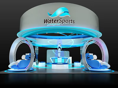 WaterSports Exhibition Booth Modern Curved Structure With Lighting Effects And Blue Seats 3d model