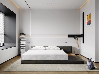 Minimalist Bedroom Interior Design With Platform Bed Bookshelf Floor Lamp Painting And Cat 3d model