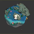 Whimsical 3D Floating Island Scene With White Cat Colorful Mushrooms And Small Fish