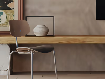 Stylish Dining Chair In Minimalist Interior With Wooden Table And Ceramic Vase 3d model