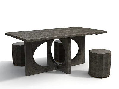 Modern Wooden Dining Table Set With Circular Cutout Legs And Stools 3d model