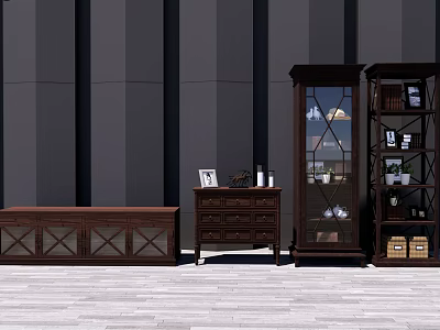 Dark Wood Console Table And Side Cabinet With Drawers Glass Door And Decorative Items 3d model