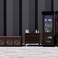 Dark Wood Console Table And Side Cabinet With Drawers Glass Door And Decorative Items