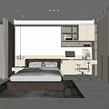 Modern Bedroom Interior With Large Bed Desk Chair Wardrobe Ceiling Lights And Decorative Rug