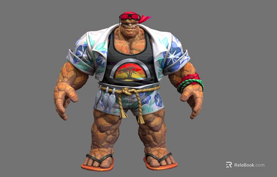 Game Movie Character Muscular With Rock Like Skin Red Bandana Tank Top And Flip Flops 3d model 