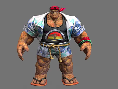 Game Movie Character Muscular With Rock Like Skin Red Bandana Tank Top And Flip Flops 3d model