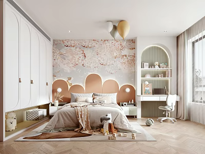 Cozy Kids Bedroom Interior With Arched Headboard Floral Wallpaper And Balloon Decor 3d model