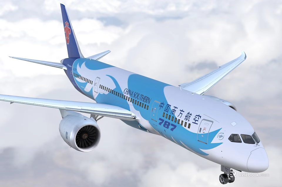 China Southern Airlines Passenger Aircraft With Blue White Livery And Patterns Flying In Clouds 3d model 