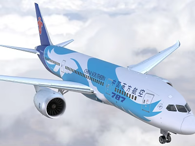 China Southern Airlines Passenger Aircraft With Blue White Livery And Patterns Flying In Clouds 3d model