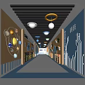 Technology Themed Elevator Hallway With Blue Wooden Walls Round Pendant Lights And Planet Model Decorations