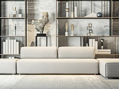 Minimalist Modern Sofa Coffee Table Set With Bookshelves And Decorative Items 3d model