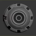 Shiny Metallic Cylindrical Tech Component With Red Panels And Silver Rings