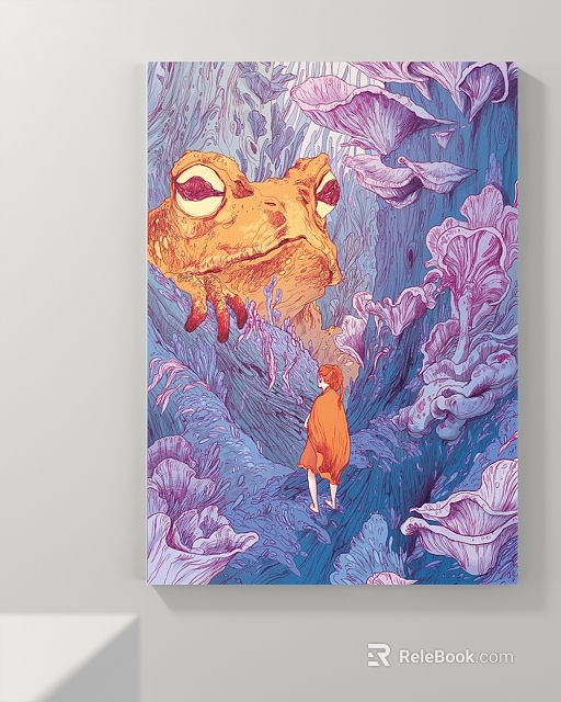 Animal Painting with Frog and Person in Orange Surrounded by Purple Flowers and Blue Background 3d model 