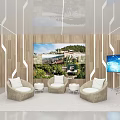 Modern Exhibition Hall Interior With Wooden Walls Displayed Images Large Screen And Sofas