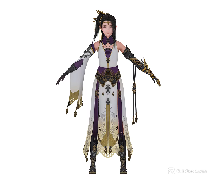 Woman in Traditional Costume with White Purple Gold Details Hair Accessories Arm Decorations and Tassels 3d model 