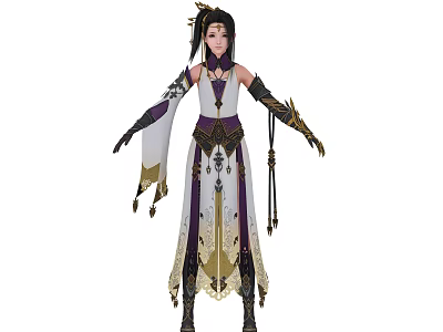 Woman in Traditional Costume with White Purple Gold Details Hair Accessories Arm Decorations and Tassels 3d model