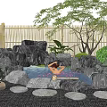 Garden Courtyard With Stone Surrounded Pool Rose Petals Relaxation Area Bamboo Fence And Green Trees