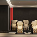 Home Theater Room Interior With Large Screen Movie Projection Comfortable Chairs And Small Table