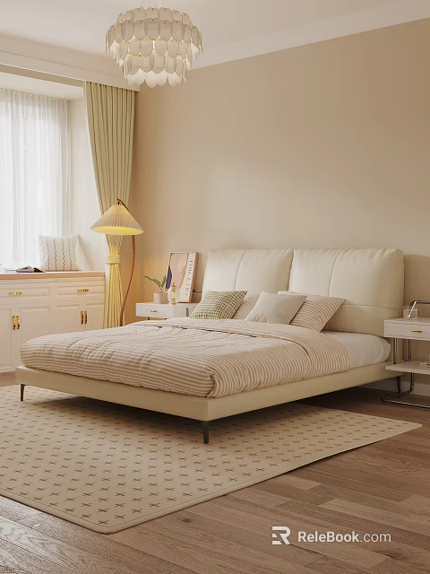 Warm Modern Double Bed In Cozy Bedroom With Upholstered Headboard Striped Bedspread And Pillows 3d model 