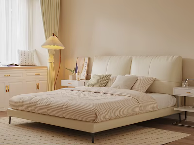 Warm Modern Double Bed In Cozy Bedroom With Upholstered Headboard Striped Bedspread And Pillows 3d model