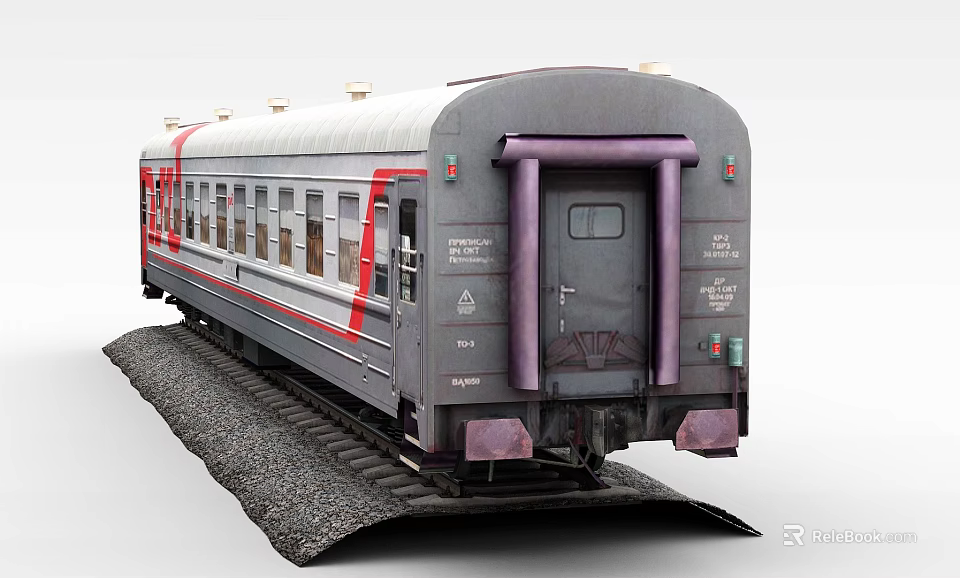 Gray Train Carriage With Red Stripes And Purple Door On Gravel Railway Track 3d model 