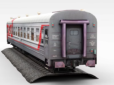 Gray Train Carriage With Red Stripes And Purple Door On Gravel Railway Track 3d model
