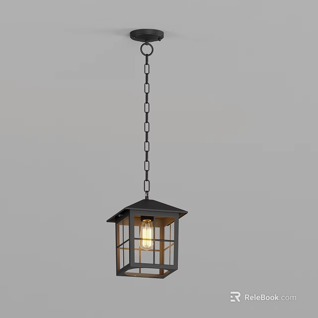 Rustic Black Frame Pendant Light With Glass Shade Chain Hanging And Warm Light Bulb 3d model 