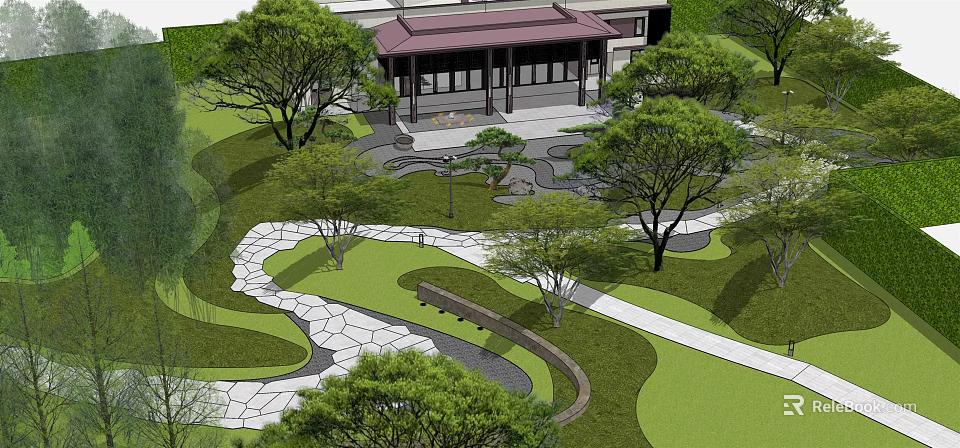 Traditional Garden Landscape With Pavilion Lush Trees Green Lawn And Winding Stone Paths 3d model 