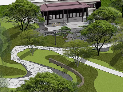 Traditional Garden Landscape With Pavilion Lush Trees Green Lawn And Winding Stone Paths 3d model