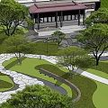 Traditional Garden Landscape With Pavilion Lush Trees Green Lawn And Winding Stone Paths