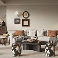 Modern Living Dining Room Interior With Sofa Coffee Table Wall Art Floor Lamp And Decorative Plants