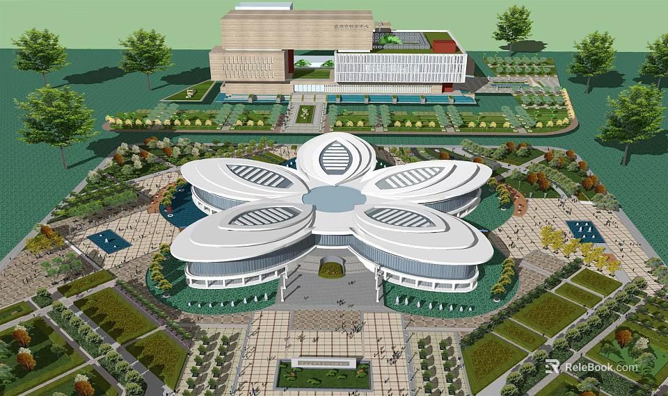 Modern Flower Shaped Museum Building With Central Plaza And Lush Greenery Surroundings 3d model 